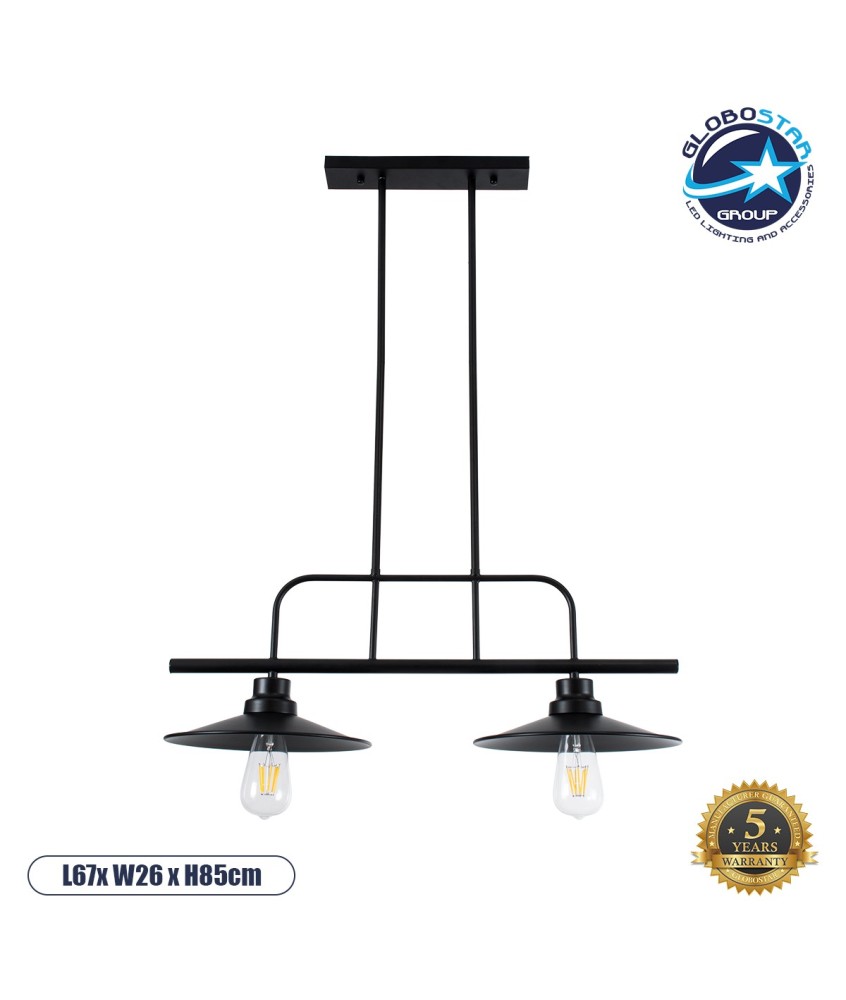 GLOBOSTAR® REGAL 01007 Vintage Φωτιστικό Οροφής με Ντουί 2 x E27 AC 220-240V IP20 - Μαύρο - Μ67 x Π26 x Υ85cm